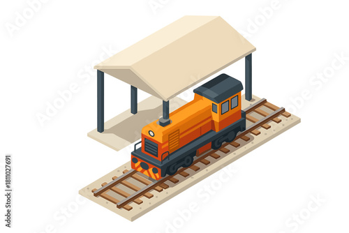 Isometric orange diesel locomotive parked under simple railway shelter