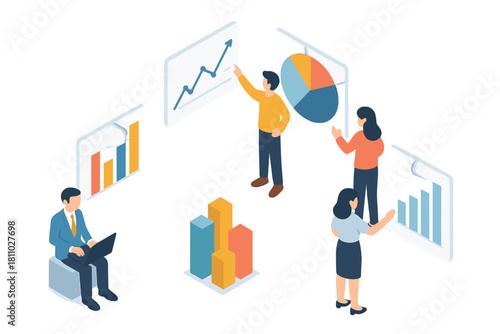 Isometric business team analyzing financial growth charts and data visualization