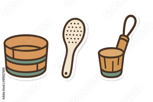 Traditional wooden sauna accessories set including bucket, ladle, and dipper
