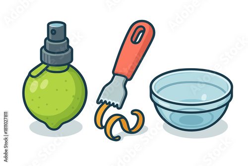 Culinary accessories set with lime juice sprayer, citrus zester, and clear glass bowl