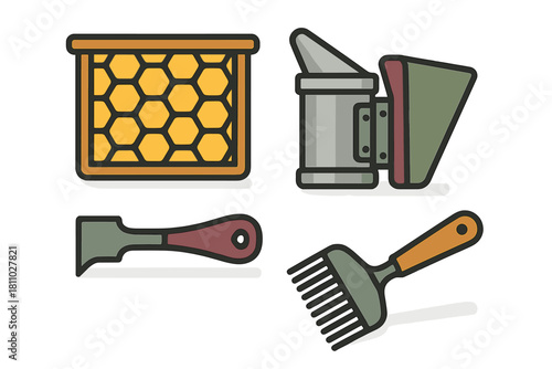 Beekeeping tools set including honeycomb frame, bee smoker, and hive equipment