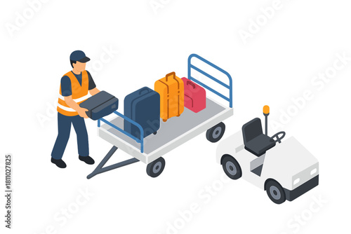 Airport baggage handler loading luggage onto cargo cart with tow tractor