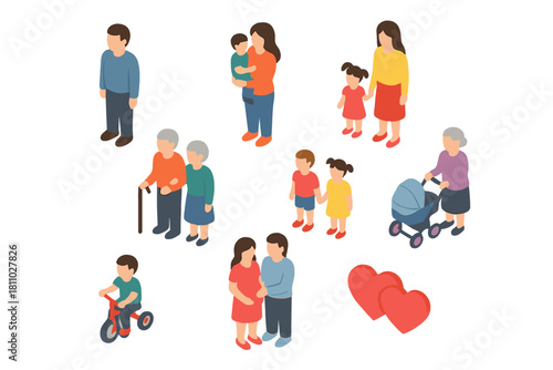 Isometric icons depicting diverse family stages and relationships