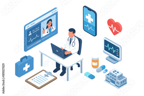 Isometric icons for telemedicine doctor consultation and medical equipment