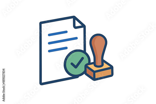Approved document with rubber stamp and check mark symbol