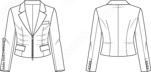 Tailored women’s jacket technical flat sketch front and back view, zipper closure, flap pockets, princess seams, sleeve buttons, CAD drawing vector, fashion illustration