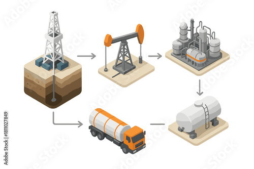Isometric workflow of crude oil extraction, refining, and transportation process