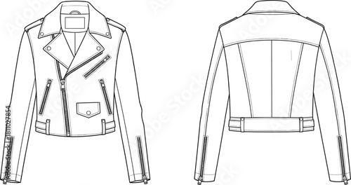 Cropped biker jacket technical flat sketch front and back view, asymmetrical zipper, flap pocket, zip cuffs, waistband tabs, CAD drawing vector, fashion illustration