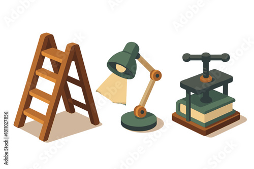 Isometric objects set with a wooden folding ladder, a green desk lamp, and a book binding press