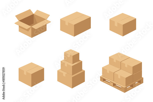 Isometric cardboard shipping boxes and open container set for logistics