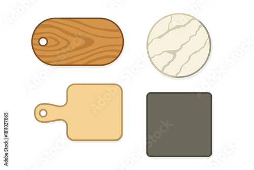 Various kitchen cutting boards and serving mats with wood grain, marble, and solid textures