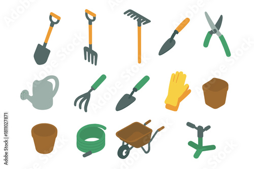 Isometric icons of various essential gardening tools and supplies
