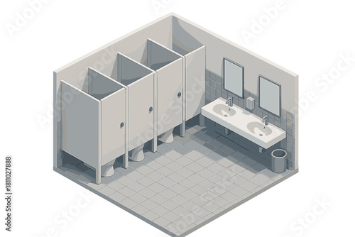 Isometric public restroom interior with stalls and double sink vanity
