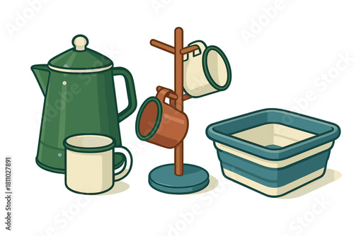 Outdoor camping kitchenware set featuring green percolator, enamel mugs, and collapsible wash basin