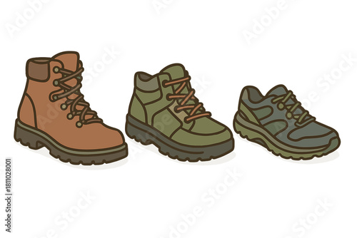 Different styles of durable hiking boots and athletic trail shoes for outdoor activities