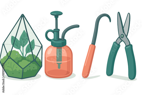 Essential glass terrarium, water mister, and pruning shears for home gardening supplies