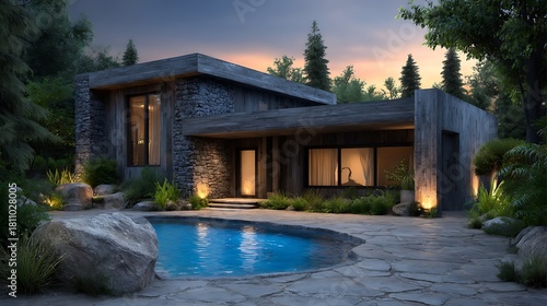 Wallpaper Mural Contemporary house exterior with parking lot and pool, vertical wood plank siding, garden lighting, under a clear, starry sky. Torontodigital.ca