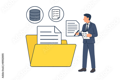 Professional managing business documents and data records in a folder for administration and compliance