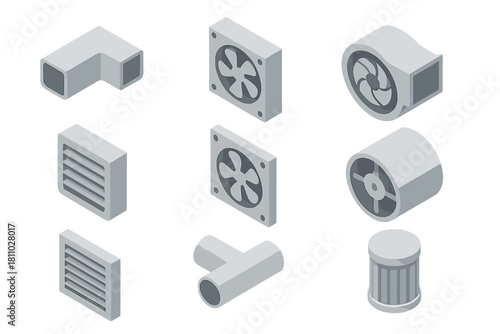 Isometric set of gray ventilation and cooling system components