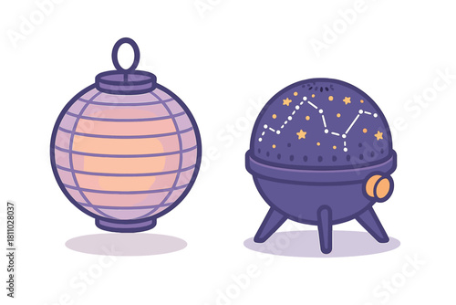 Glowing paper lantern and modern constellation star projector light set