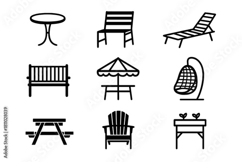 Minimalist set of nine black line symbols depicting common outdoor and patio furniture items including chairs, tables, and umbrellas