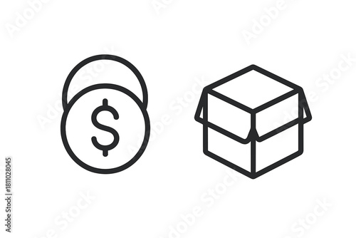 Minimalist symbols of dollar coins and an open cardboard package box for commerce