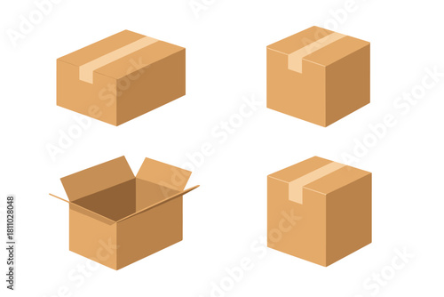 Isometric brown cardboard boxes in open and sealed states for delivery and logistics