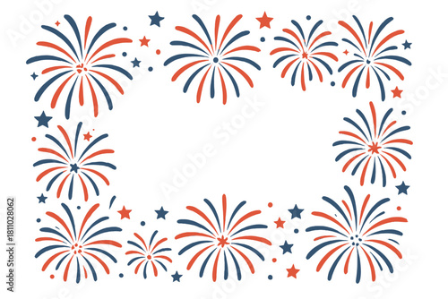 Festive frame border with patriotic red white and blue fireworks and stars