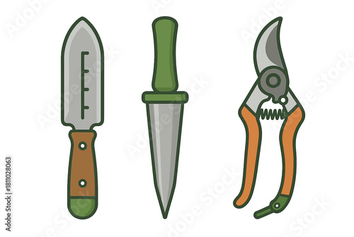 Essential gardening tools set including hand trowel, weeding knife, and pruning shears
