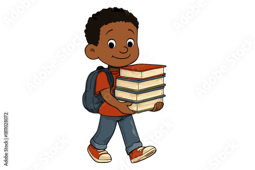 Cheerful young Black student walking with a heavy stack of school books and wearing a backpack