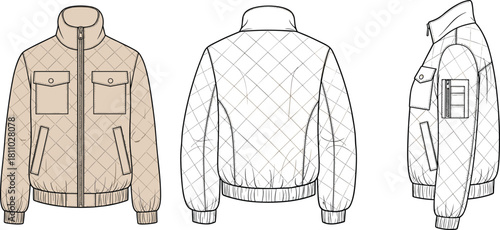 Quilted bomber jacket technical sketch front, back, side view, diamond pattern, flap pockets, sleeve zipper, CAD drawing flat vector