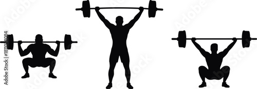 Weightlifting silhouette vector set, snatch, clean and jerk, squat, barbell training, gym workout, fitness, power sport, strength exercise.