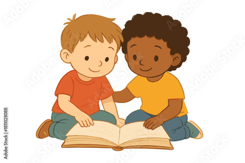 Two diverse preschool boys sitting closely together reading an open storybook on a white background