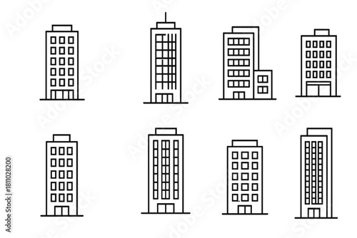 Minimalist outline icons set of high-rise urban buildings and commercial structures