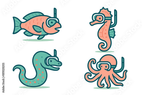 Cute cartoon sea animals wearing snorkeling masks and snorkels for underwater adventure