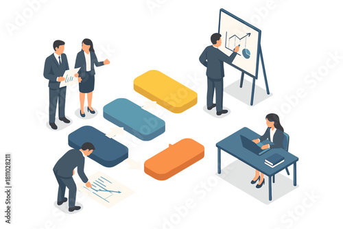 Business team analyzing data and workflow process steps using isometric diagram