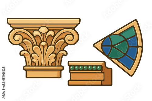 Decorative architectural elements set featuring a Corinthian capital and stained glass fragment