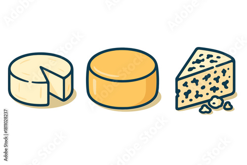 Assortment of cheese wheels and wedges including soft, hard, and blue varieties