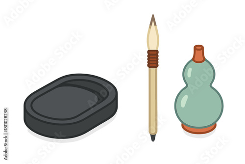 Traditional Asian writing implements including ink stone brush and water pot