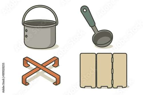 Essential camping cooking equipment set with pot, ladle, stove stand, and wind screen