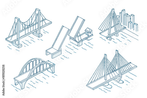 Detailed isometric collection of various architectural bridge types crossing water bodies