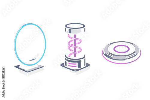 Futuristic technology set with glowing portal, energy tube, and circular platform device