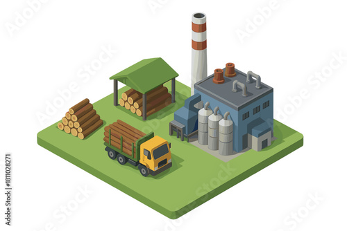 Isometric timber processing factory complex with stacked logs and logging truck