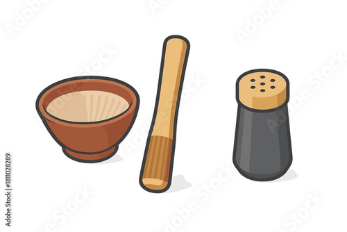 Japanese suribachi grinding bowl with wooden surikogi pestle and a spice shaker