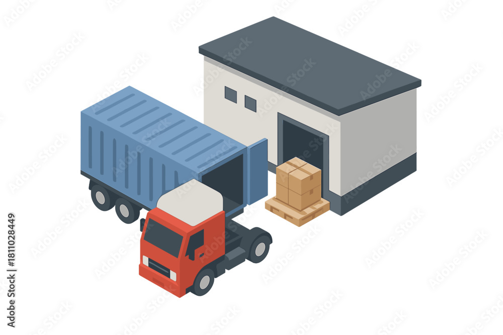 Obraz premium Isometric semi-truck trailer backed up to a warehouse loading dock for shipping and delivery