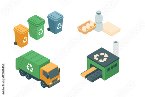Recycling process stages shown with isometric graphics and waste management icons