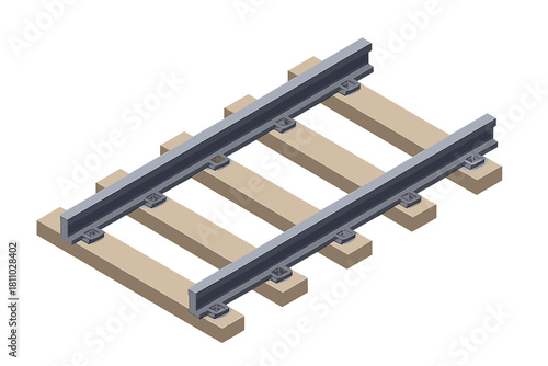 Isolated segment of railway track with parallel steel rails secured to wooden cross ties