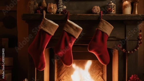Three red stockings hang over a fireplace with a roaring fire and decorations