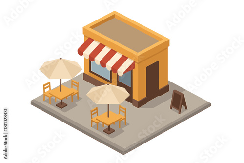 Modern isometric cafe building exterior with outdoor dining tables, chairs, and sun umbrellas