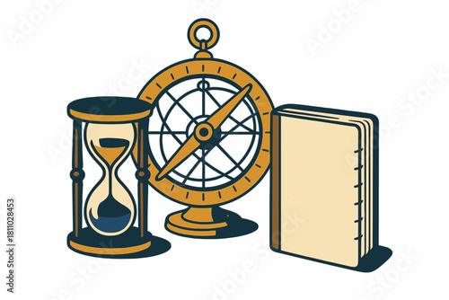 Antique sand timer, navigational compass, and closed book in retro style